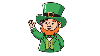 A cartoon leprechaun wearing a green hat and suit, waving hello.