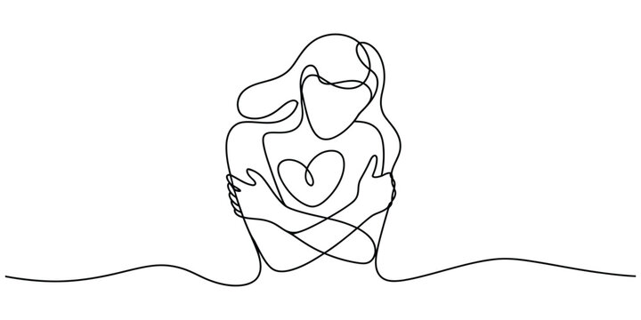 One line drawing woman hugging herself with heart symbol