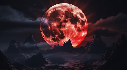 A dramatic blood moon rises over a dark silhouetted mountain landscape