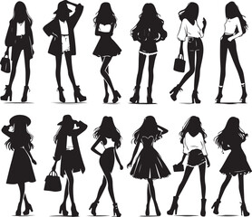 group of girl's icon silhouette vector with white background