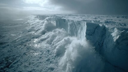 Fototapeta premium A cinematic aerial shot over the Antarctic ocean, capturing a massive glacier slowly fracturing along the coast, enormous chunks of ice breaking off and crashing into the freezing sea 