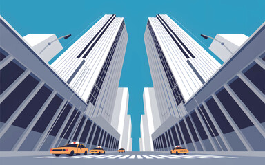 Yellow taxis drive past towering skyscrapers under a blue sky