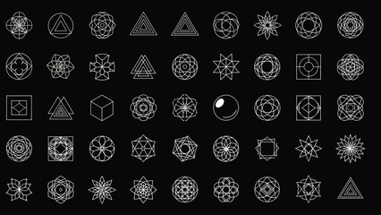 Collection of Geometric Line Art Icons - Sacred Geometry Symbols and Abstract Designs on a Black Background
