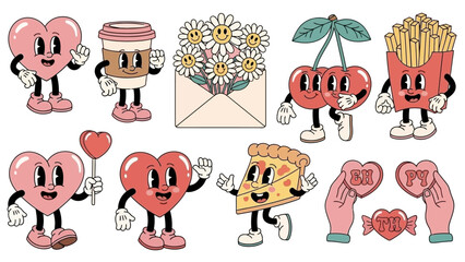 Retro Valentine's Day Characters Hearts, Coffee, Fries, Pizza, and Cherries