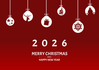 Merry Christmas card with hanging ball decoration, vector