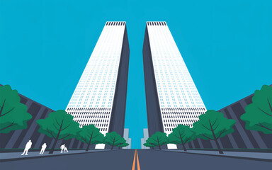 Twin skyscrapers with trees and people on street building