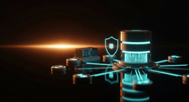 Secure Data Storage - Server Racks with Shield Icon. - Powered by Adobe