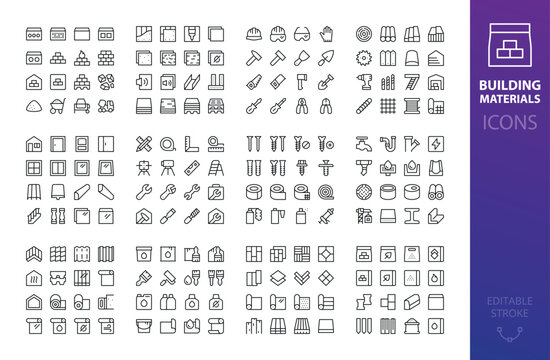 Construction, Building Materials and Hand Tools Mega Icons Set - lumber, roofing, sewerage, bricks, blocks, flooring, drywall, OSB, cement, screws, nails, paint vector symbols with editable stroke