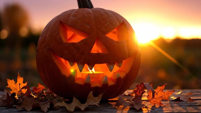 A carved pumpkin with a mischievous grin sits on a wooden surface, surrounded by fallen autumn leaves. The pumpkin glows warmly as the sunset casts a soft light over the scene.