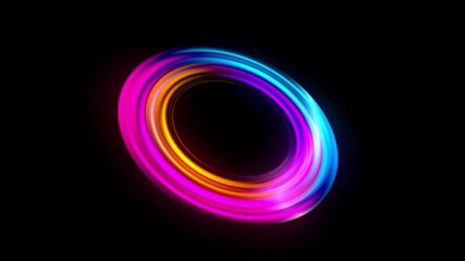 Abstract 3d neon glowing light ring animation with smooth circular motion and vibrant pink, blue, and orange colors on a dark background perfect for modern advertising, intros, and UI backgrounds
