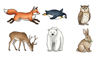 A delightful collection of watercolor animal illustrations, featuring a fox, deer, owl, penguin, polar bear, and rabbit.