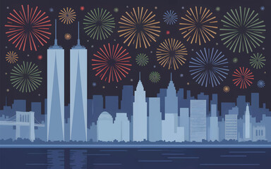 New York City skyline with fireworks at night celebration