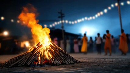 Women participating in a vibrant Lohri festival celebration at night, observing a large bonfire as a symbol of prosperity and harvest, sharing a cultural tradition of joy and community