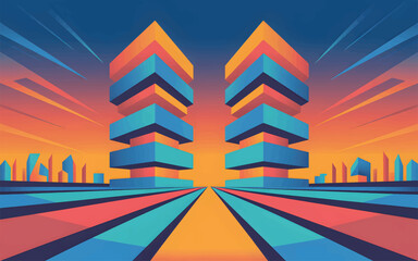 Abstract geometric cityscape with layered buildings and sky