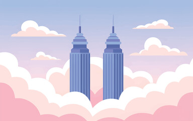 Twin skyscrapers emerging from pink and white clouds