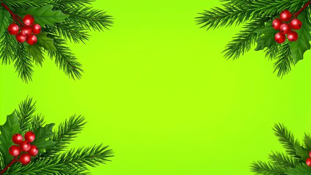 Christmas frame with evergreen branches and red holly berries.