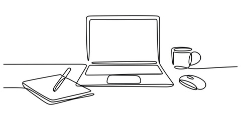 Continuous line drawing of a tidy workspace featuring a laptop, notebook, and coffee mug