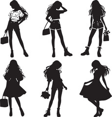 group of girl's icon silhouette vector with white background