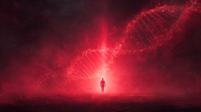 futuristic genetic theme, human figure immersed in abstract DNA helix flow, radiant red light accents, backdrop blending deep crimson into dark red with grainy texture
 - Powered by Adobe