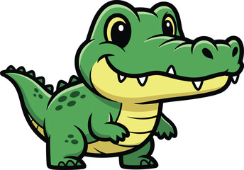 Obraz premium Adorable green cartoon alligator illustration featuring a friendly smile and happy eyes, a playful vector character ideal for kids' content and animal-themed projects