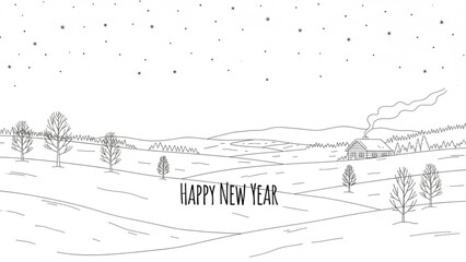 Happy new year snowy landscape with house and trees on hills © Nadeem