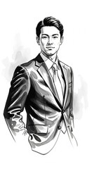 ビジネスマンの墨絵イラスト：20代日本人男性の自信に満ちた表情とスーツ姿