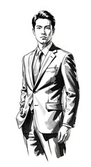 ビジネスマンの墨絵イラスト：20代日本人男性の自信に満ちた表情とスーツ姿