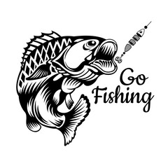 Perch Jumping Out of Water Chasing a Fishing Lure. Monochrome logo for fishing, championship or sport club on white. Monochrome logo for fishing, championship or sport club on white