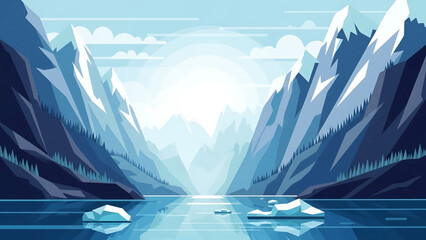 Vector illustration of a serene arctic fjord landscape with mountains and icebergs. © Hadi