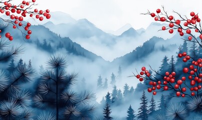 View of mountains and fir trees in the fog, branches with red berries in the foreground