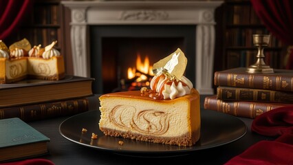 Slice of rich pumpkin cheesecake with creamy swirl topping and gold garnish, served on a dark plate in front of a cozy fireplace with stacked leatherbound books