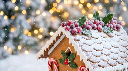 Gingerbread house decorated with berries and candy canes in winter  