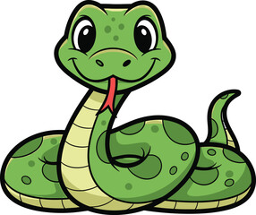 Fototapeta premium A charming cartoon illustration of a friendly green snake with a pink tongue sticking out, coiled up and smiling adorably