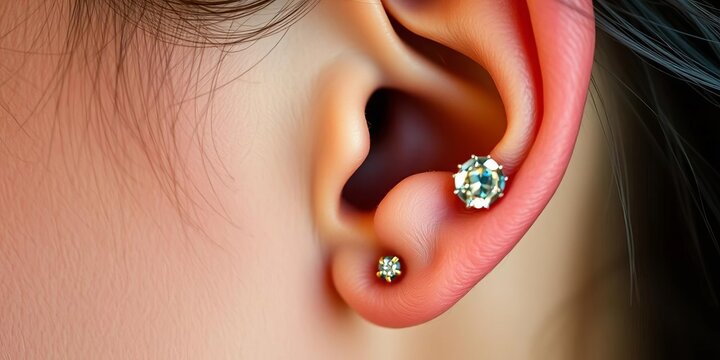 Close-up of an ear adorned with delicate gold hoops and a sparkling stud,  ear jewelry,   earrings close-up