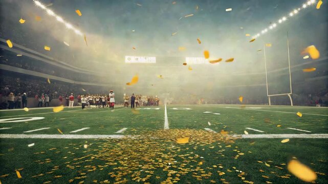 Cinematic American Football Stadium Celebration with Confetti and Golden Lighting Effects