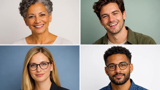 Diverse group of people in video conference call meeting. Multi ethnic happy business team on virtual online communication. Split screen of smiling face talking in remote chat collaboration.