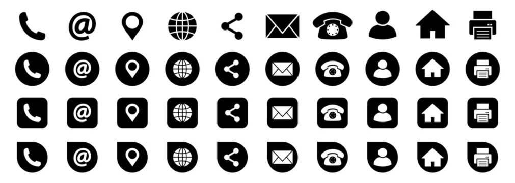 Contact and communication icon set with phone, email, chat and location symbols. Business card and visiting card icons for app interface, networking and web design