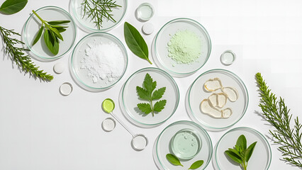 Various natural ingredients and substances arranged in petri dishes and vials, suggesting a scientific research and development context for natural products