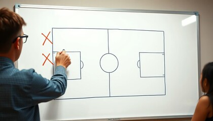 Coach draws X's and O's on whiteboard depicting basketball plays,   sports strategy,   sports drawing