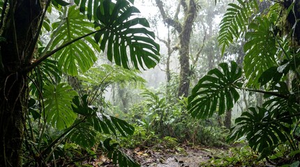 Obraz premium A lush tropical rainforest with large, vibrant green leaves and a misty atmosphere, immersing the viewer in a sense of serenity and the untamed beauty of nature.