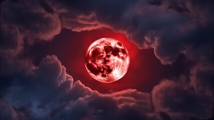 A dramatic blood moon emerges from dark swirling storm clouds at night