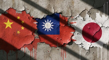 Diplomatic Crisis Concept featuring China, Taiwan, and Japan Flags with Shadow Overlay