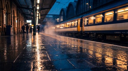 Fototapeta premium A captivating nocturnal scene unfolds at a train station, where a passenger train pulls into the platform under the soft glow of station lights, a moment captured through a rainy lens.