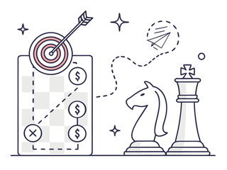 Strategic business planning with chess pieces and target goal