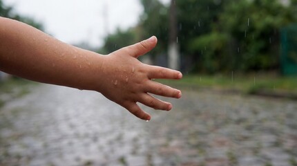 A child's hand outstretched into a downpour, the image captures a moment of pure curiosity. Raindrops dance on the young skin. The background has blurred streets and trees.