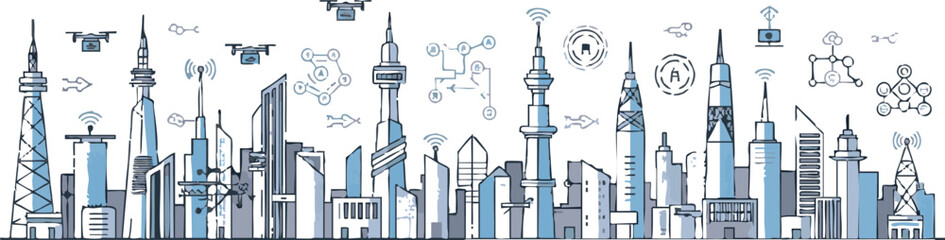 Obraz premium Smart City Skyline Sketch with Drone Delivery and Future Technology Network.