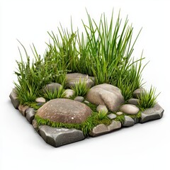 Lush Green Grasses and Grey Stones on a Stone Pavement