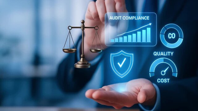 Audit compliance quality cost concept featuring balance scale with business hand holding digital interface graph and shield icon symbolizing growth and performance measurement