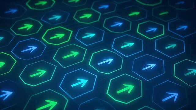Glowing blue and green arrows on hexagon tiles create futuristic digital pattern symbolizing direction and technology with glowing hexagonal shapes pointing right in dynamic vibrant design