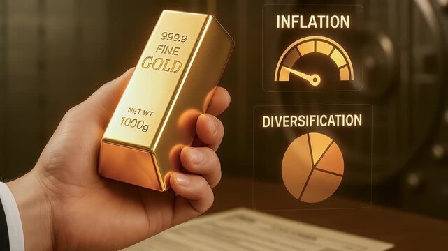 Gold bar investment held in hand with inflation and diversification financial concept icons glowing, symbolizing wealth protection, smart asset management, and financial portfolio strategy